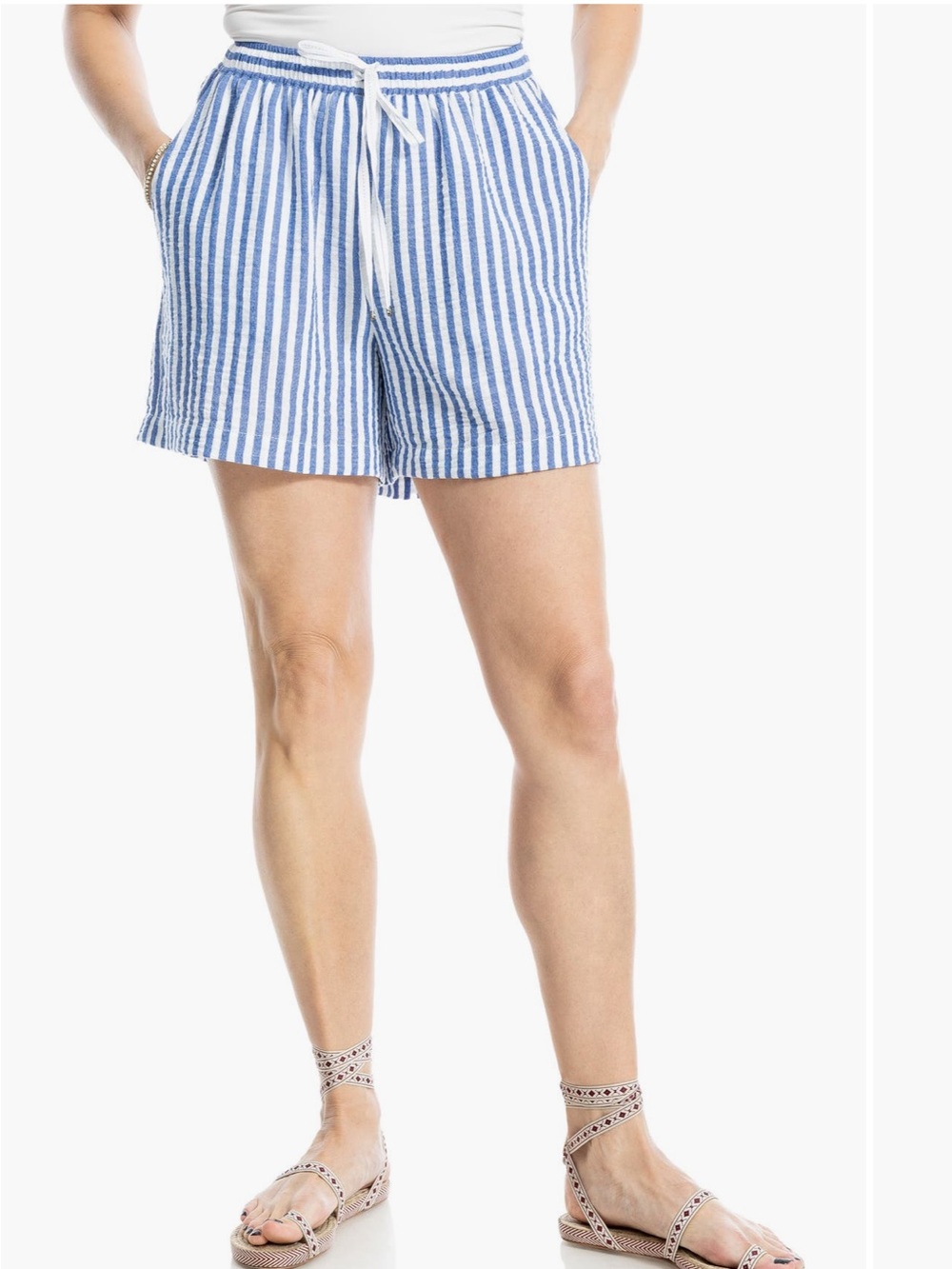 Max Studio Striped Drawstring Elastic Waist Blue & White Stripe Shorts size Smal